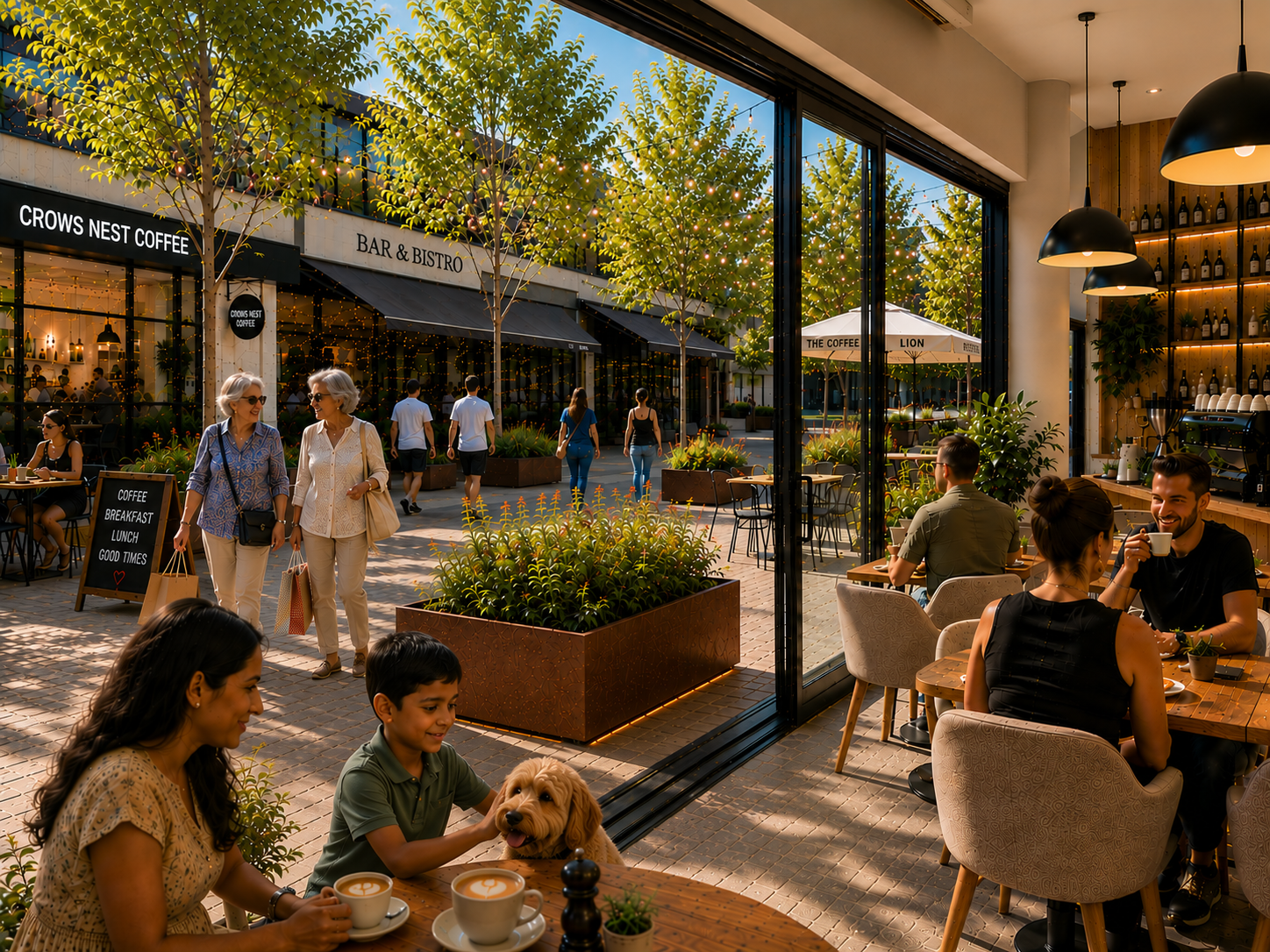 View from inside a cafe onto the pedestrianised Willoughby Road